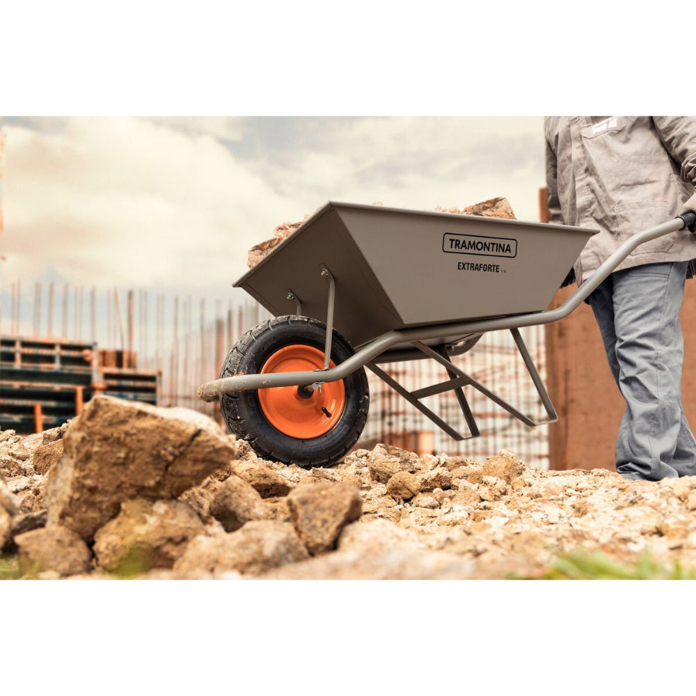 Tramontina Since 1911 Made In Brazil Tramontina'S Wheelbarrow Extraforte With Gray Metal Heavy-Duty Bucket 65 L, Metallic Handle And Pneumatic Tire