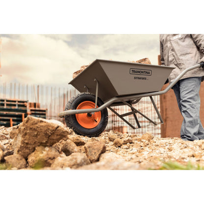 Tramontina Since 1911 Made In Brazil Tramontina'S Wheelbarrow Extraforte With Gray Metal Heavy-Duty Bucket 65 L, Metallic Handle And Pneumatic Tire